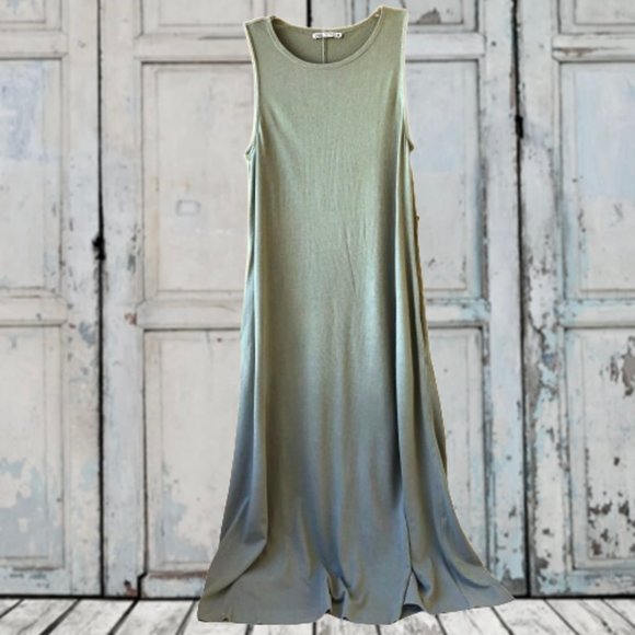 Zara Green T-shirt Tunic Sleeveless Swing Dress Knit Midi Pockets - Picture 15 of 16